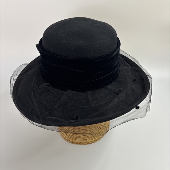 VTG Betmar Plaza Suite Black Wool Wide Brim Picture Hat Velvet Band Bow Netting main image 4